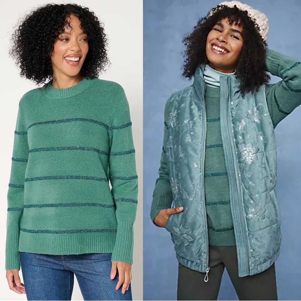 New Isaac Mizrahi Live! Apres Mini Sequin Stripe Pullover Green Sweater Size XS